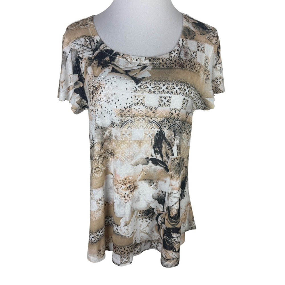 One World Women's Large Tan Floral Geometric Rhinestone Embellished Top